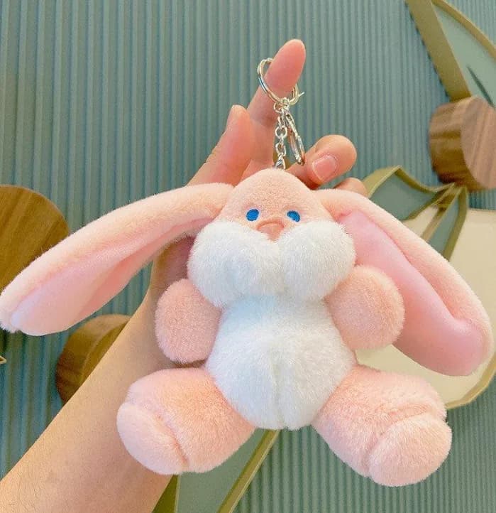 custom bunny plush keychain and rabbit bag charm manufacturer with outfit and hardware options