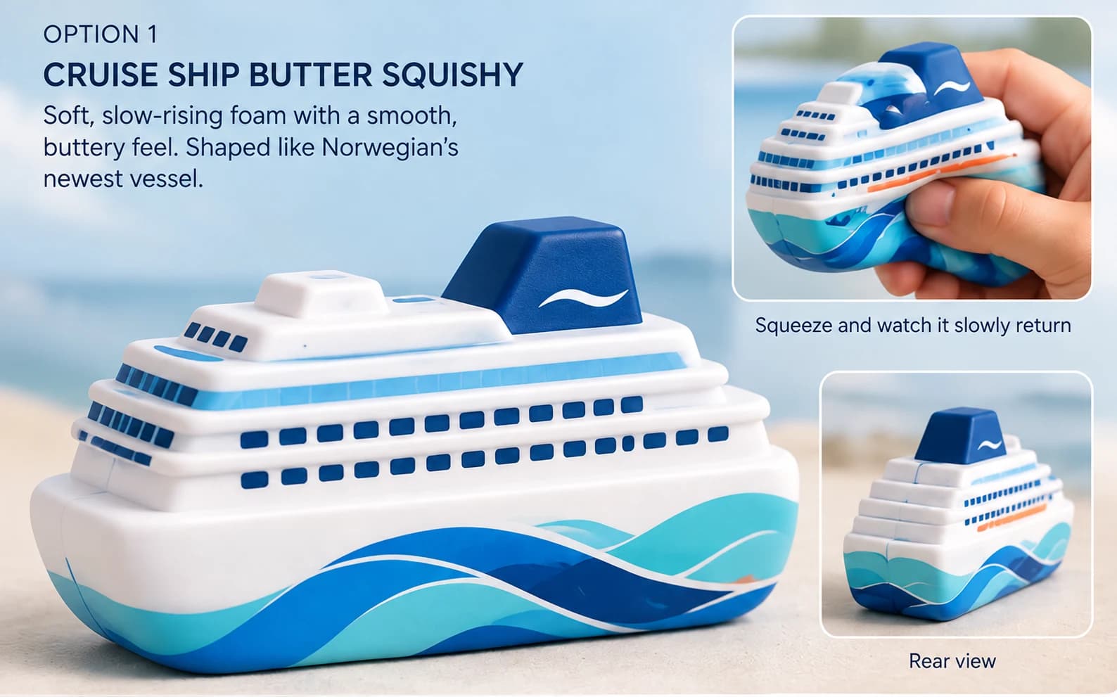 Design rendering of a custom white PU cruise ship squishy with blue decks and turquoise wave artwork, with illustrated squeeze and rear views