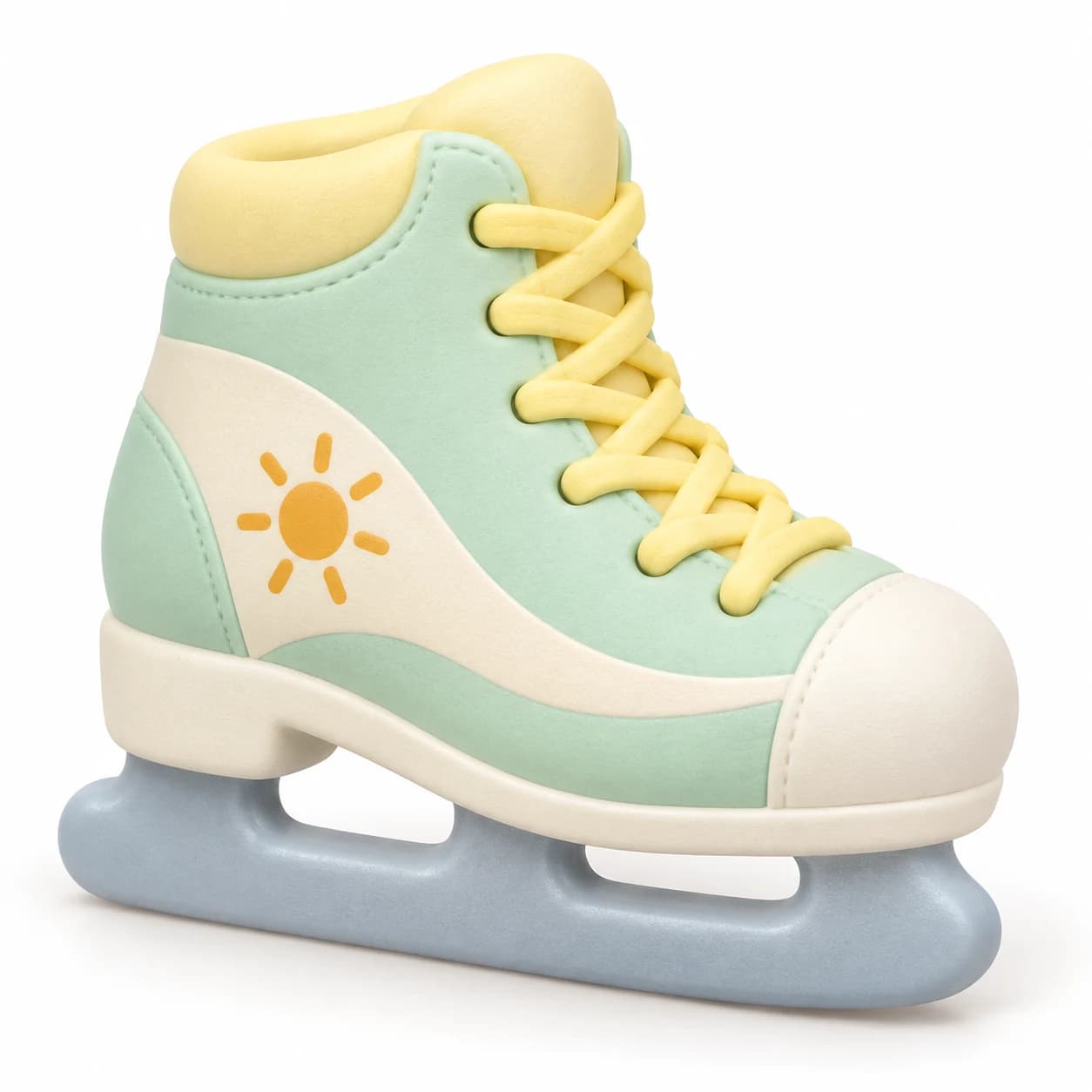 Mint green PU ice skate squishy toy with pale yellow laces, cream panels, a sun motif and a light blue skate-shaped base