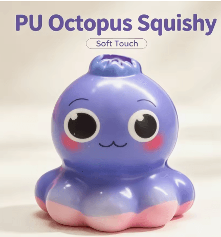 Purple PU octopus squishy with large round eyes rosy cheeks rounded tentacles and a pink base