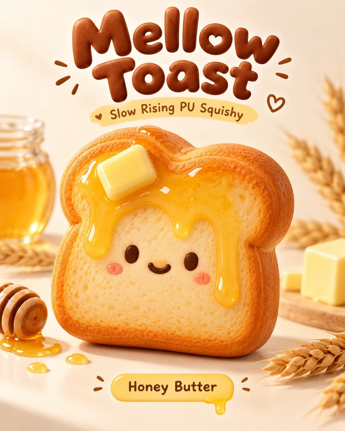 Custom PU toast squishy design reference showing honey butter topping, smiling face and detailed bread texture