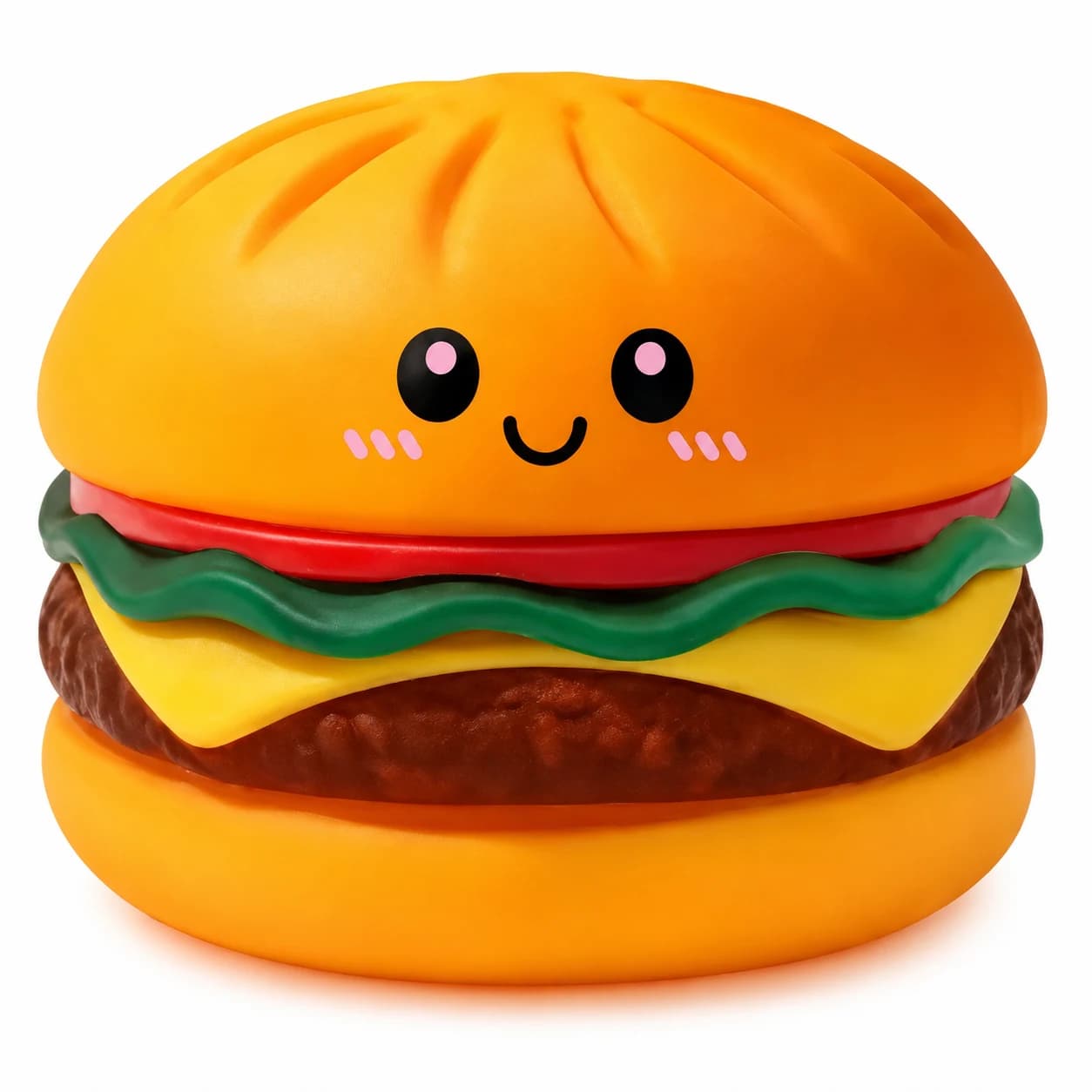 Design reference for an orange smiling hamburger squishy with green lettuce, yellow cheese and a brown patty
