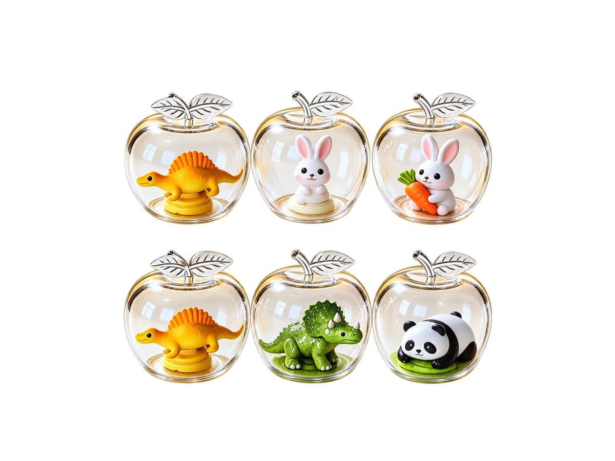 TPR squishy reference assortment with transparent apple-style bodies and dinosaur rabbit and panda accessories