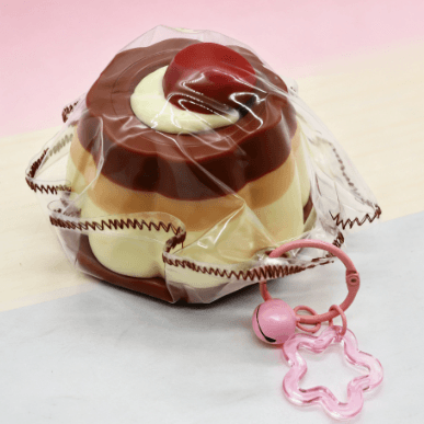 PU dessert cake squishy keychain assortment with chocolate strawberry biscuit and blue roll cake designs