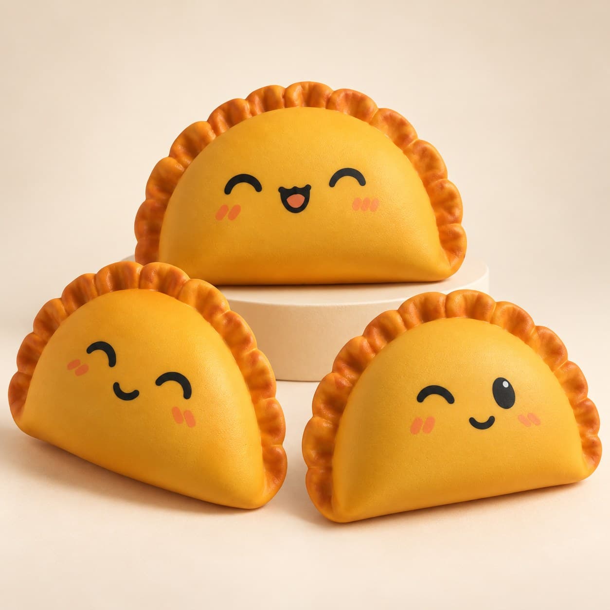 Golden PU dumpling squishy design visualization with three revised smiling expressions on a cream studio background