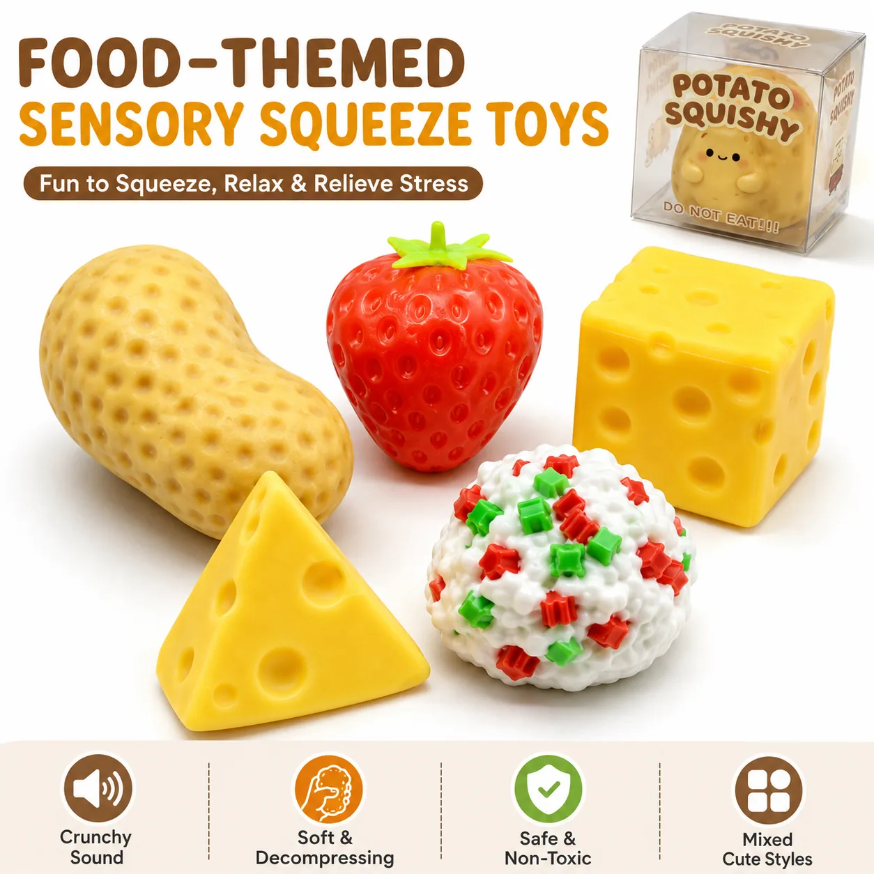 food themed crunchy building block squishy assortment with potato strawberry cheese and block mix designs