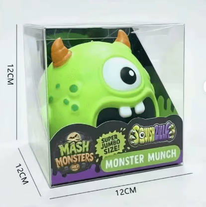 green one eyed Monster Munch squishy toy in 12 cm clear display box wholesale